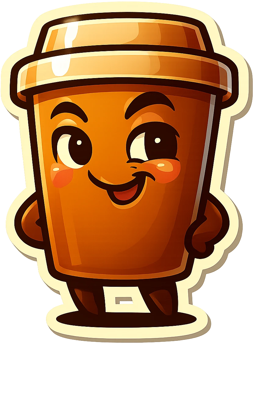 Tall coffee cup, dramatic, naughty flirty, smirking, eyebrow wiggle emoji