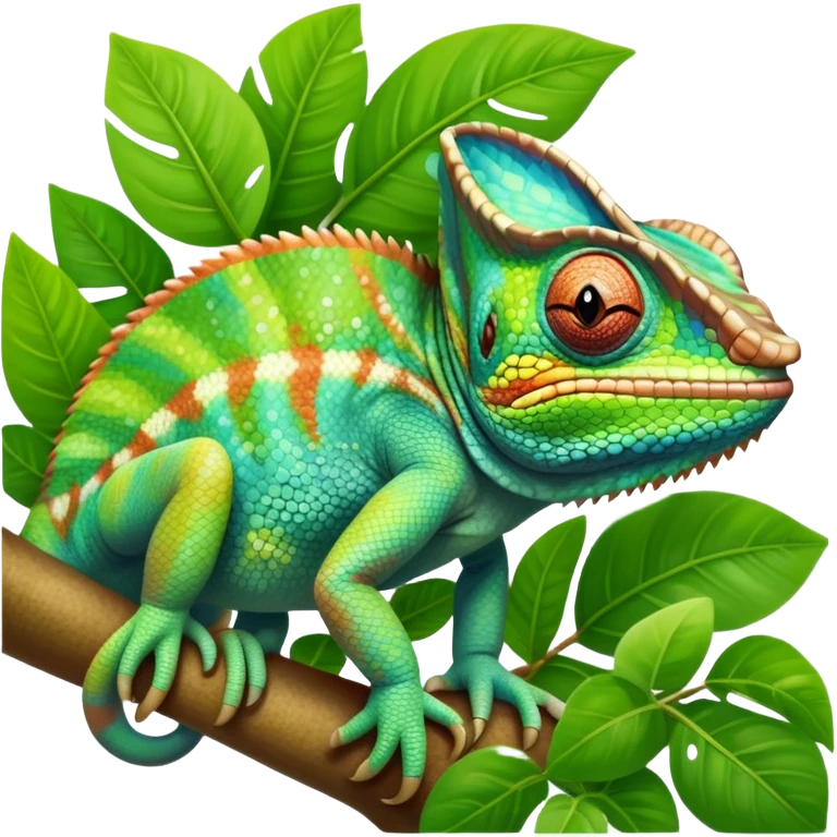 giant-chameleon-realistic emoji,-blending-with-vibrant-greenery.-detailed-scales-in-shifting-colors,-showing-the-chameleon’s-ability-to-camouflage.-soft-natural-light-highlights-its-texture.-nature-background, zoomed into its face emoji