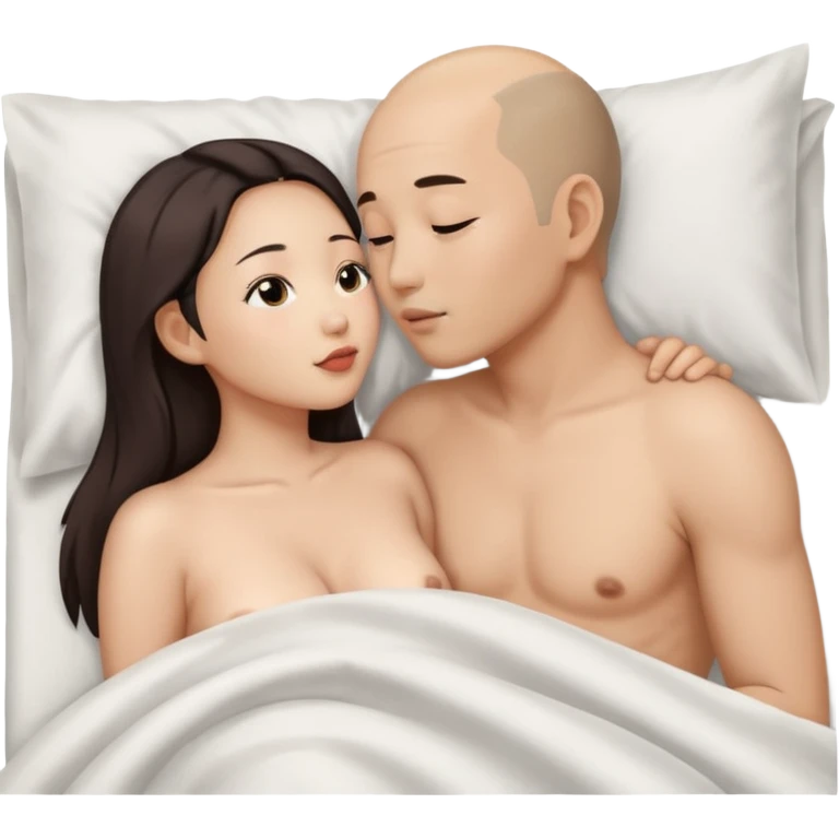 slightly balding asian man and asian woman kissing naked in bed emoji