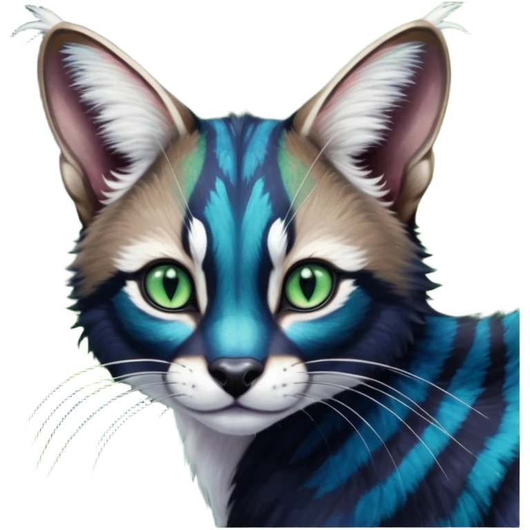 Colorful dark tropical cobalt-blue, black, white fur, with green eyes, iridescent glorious divine exotic cute cool beautiful shiny beautiful fantasy-caracal-civet-genet-sergal-vernid-Cacomistle-Furret-civet-oncilla-animal-Fakémon-hybrid-fursona with pattern markings (full body) emoji