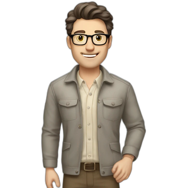 Joyful Full height Pale skinned Fit Man With dark brown hair in gray jacket, beige office shirt, Brown pants and vintage glasses. His thrumbs up emoji