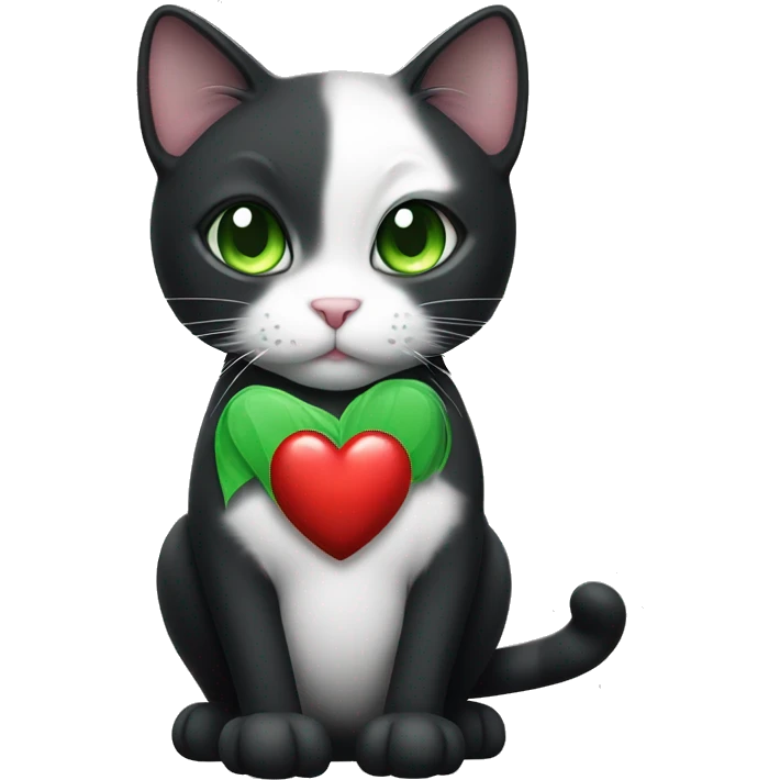 Realistic Black and white cat with green eyes holding a heart emoji