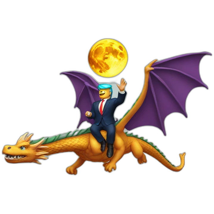 Trump flying to the moon on a dragon emoji