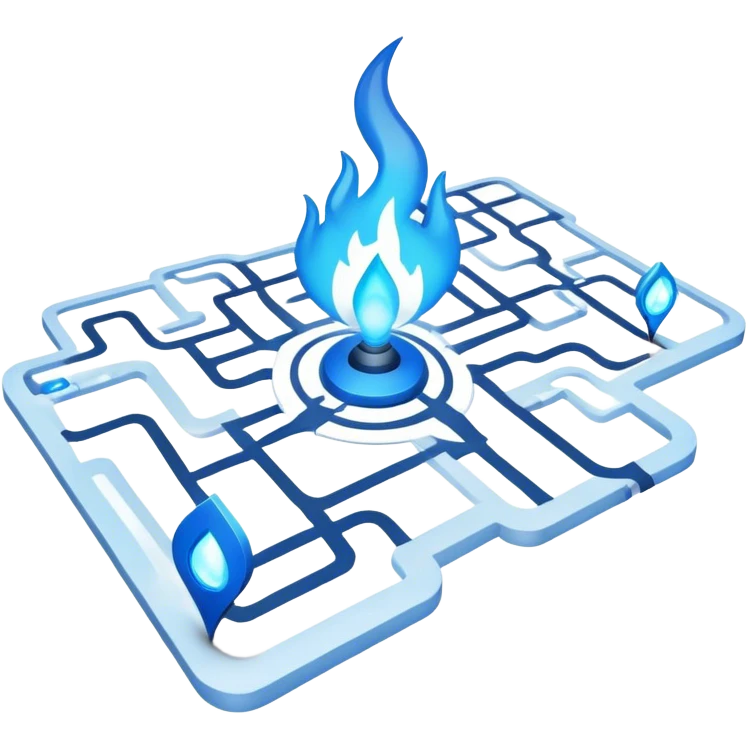 a map with a glowing blue flame on the x and networking paths emoji