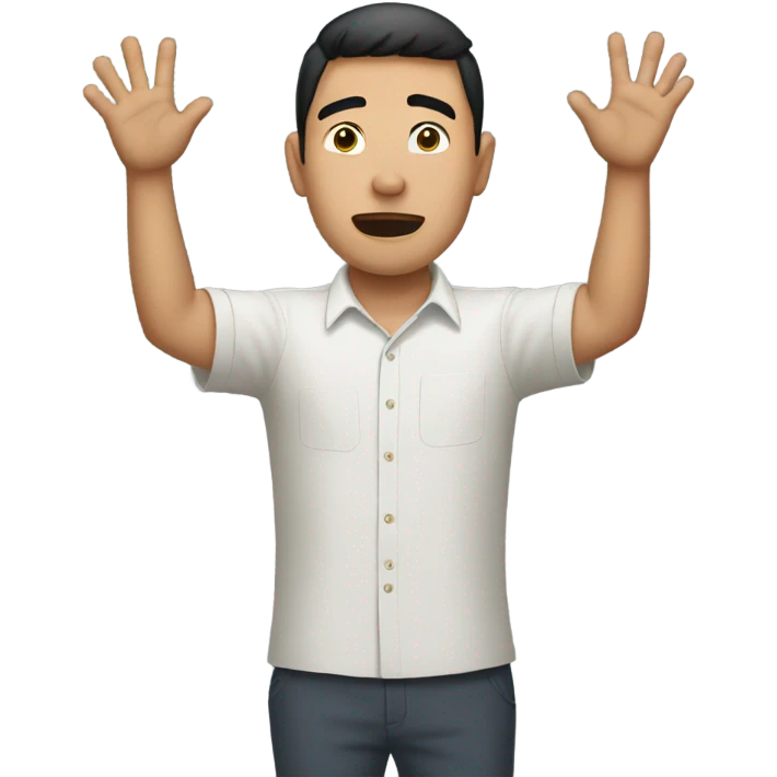 Asian guy holding up both hands acting guilty emoji