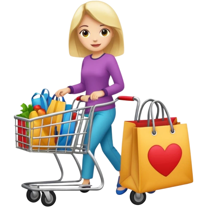 Carrinho de mercado cheio de compras femininas, com diversas maquiagens, roupas  emoji