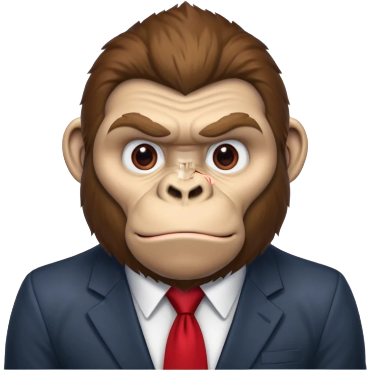 Brown haired cartoon gorilla with tufted tip of hair on the top of his head, light skin tone, heavy brows and cartoony eyes, he is a strong ape with and a red tie x💪🦍 emoji