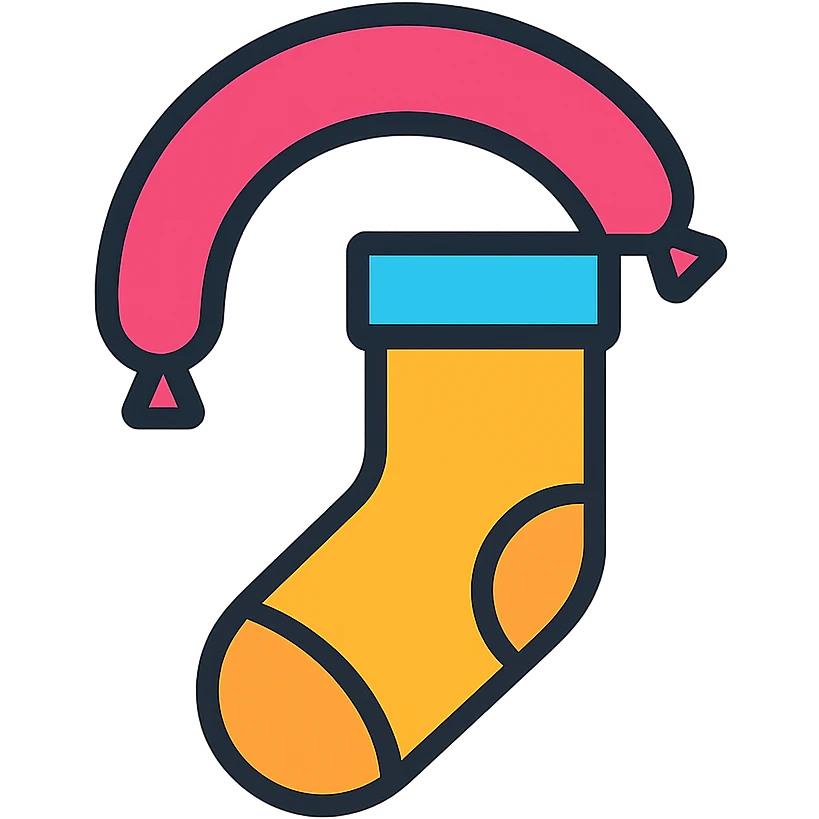 stylized icon of a sock and sausage combined, outlined with a pop of color, designed for digital use emoji