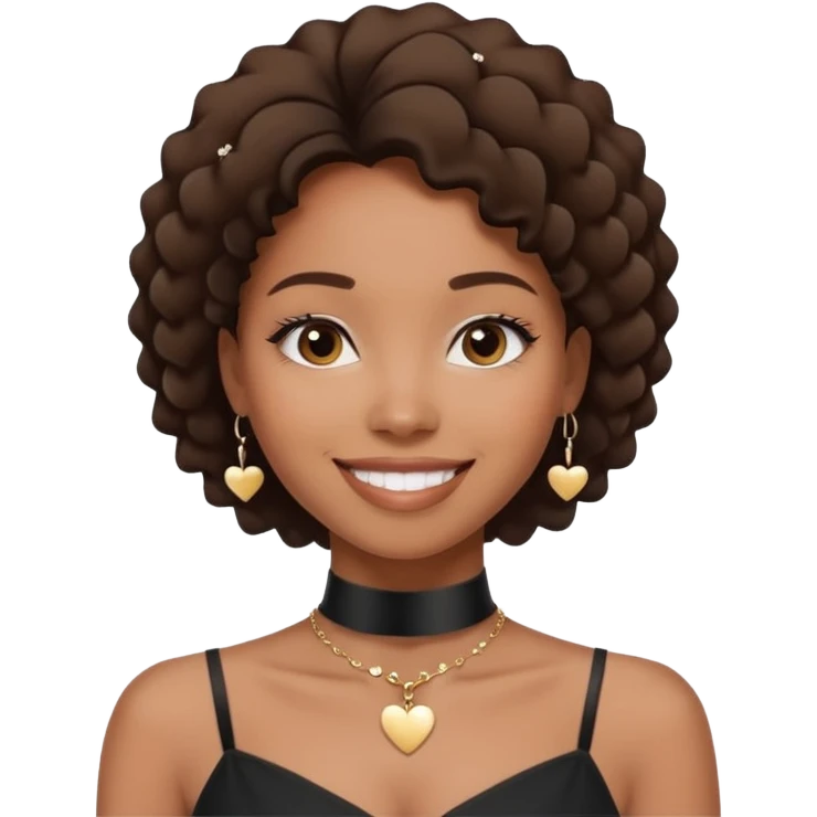  young African-American woman 
She is wearing a black dress and a choker necklace. The woman is smiling and looking directly at the camera. The background is blurred, but it appears to be a dark and moody setting with small white hearts scattered around. In the center of the image emoji
