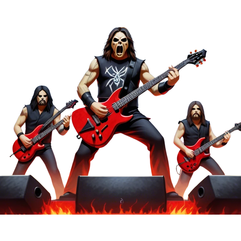 Icon for Heavy Metal: Slayer band on stage during a live concert, with guitars, drums, and intense lighting effects. The atmosphere is charged with energy, and the iconic Slayer logo is visible. Transparent background. emoji