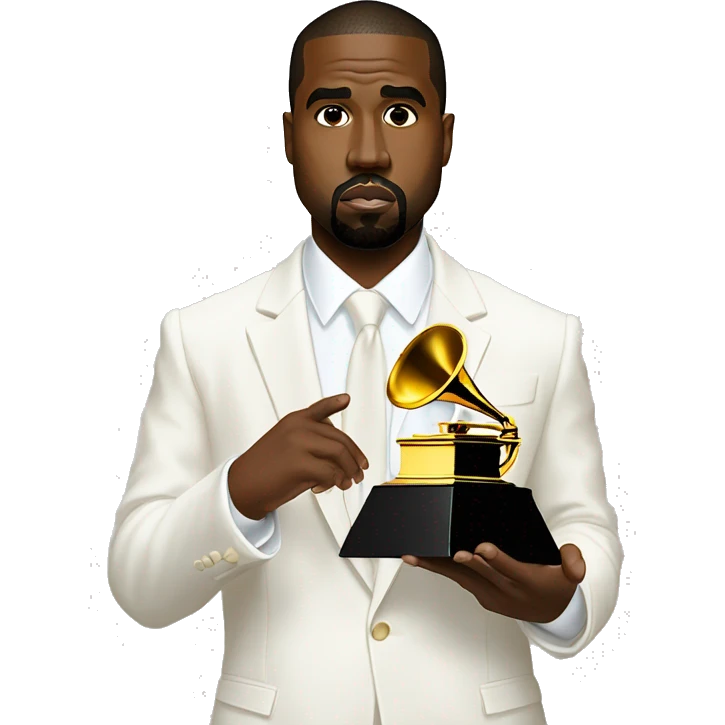 Kanye West wear white suit holding a Grammy emoji