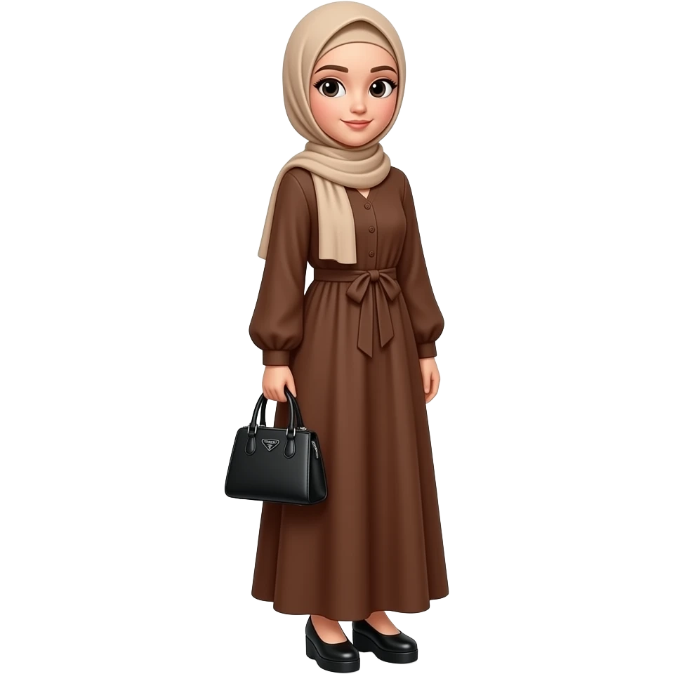 إيموجي لفتاة ترتدي فستان بني طويل حذاء طالون منخفض حجاب بيج غطي شعرها و ألبسها حقيبة يد من برادا عصرية شبابية سوداء الحجاب الداخلي بنفس لون الخارجي تقوم بوضعية تصوير emoji