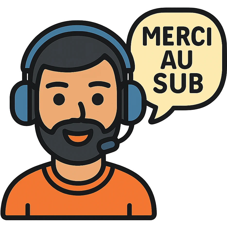 A person with black hair, brown eyes, and a black beard wearing a gaming headset saying "merci au SUB" emoji
