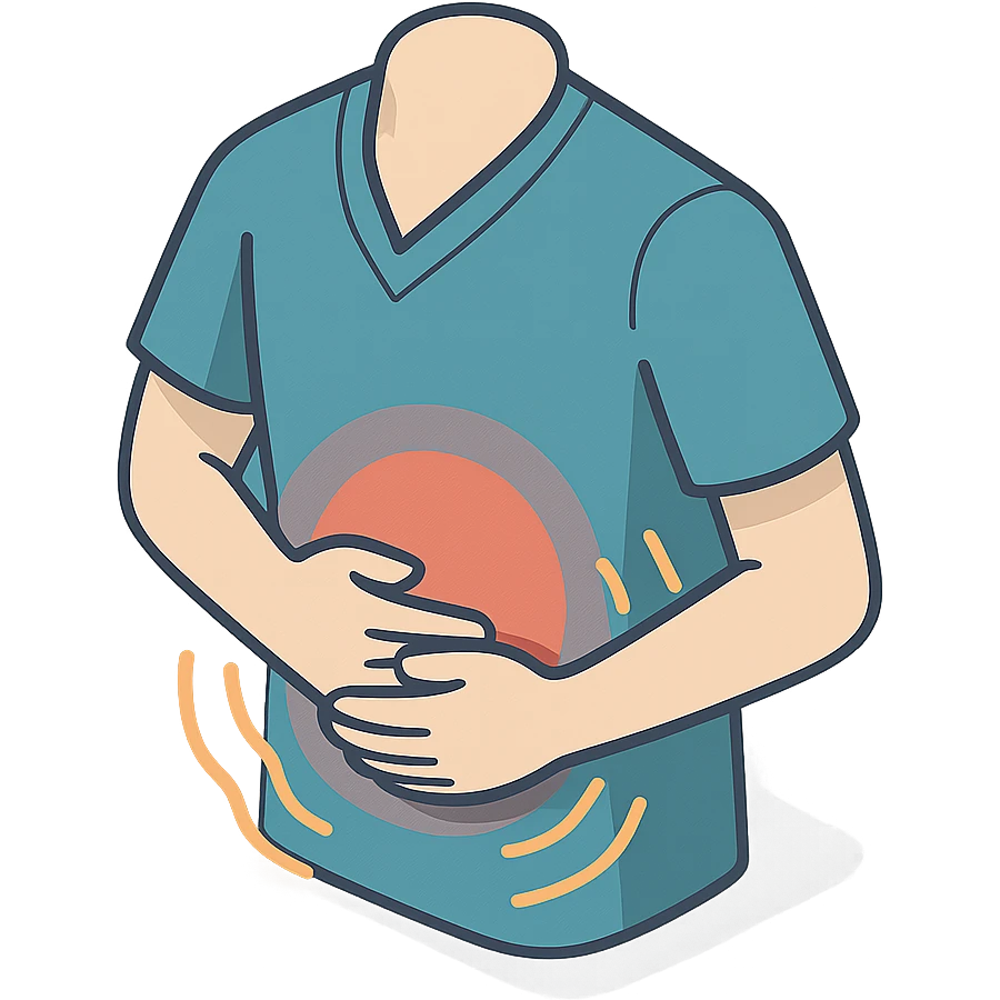 torso in clothing, hands holding painful stomach, waves of pain, 2d isometric style, shadows and highlights, no face and legs, only torso in clothing, stomach, hands and pain, transparent background emoji