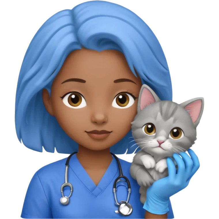 Young black female vet – scrubs, gloves, examining kitten. emoji