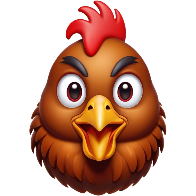 Cinematic Comical Brown Chicken Portrait Emoji, Head tilted dramatically with an exaggeratedly amused expression, featuring a striking, glossy brown plumage with a vibrant red comb, wide, expressive beady eyes filled with playful disbelief, Simplified yet hilariously expressive features, highly detailed, glowing with a slightly sassy glow, high shine, dramatic yet playful, stylized with an air of cheeky mischief, bright and endearing, soft glowing outline, capturing the essence of a spirited and over-the-top chicken, so meme-worthy it feels like it could cluck its way into internet fame instantly! emoji