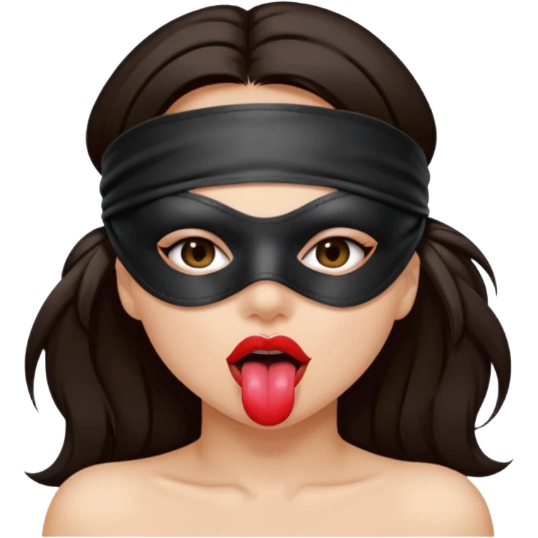 woman with dark brown hair wearing black blind fold completely covering her eyes. tongue out and saliva coming from mouth emoji