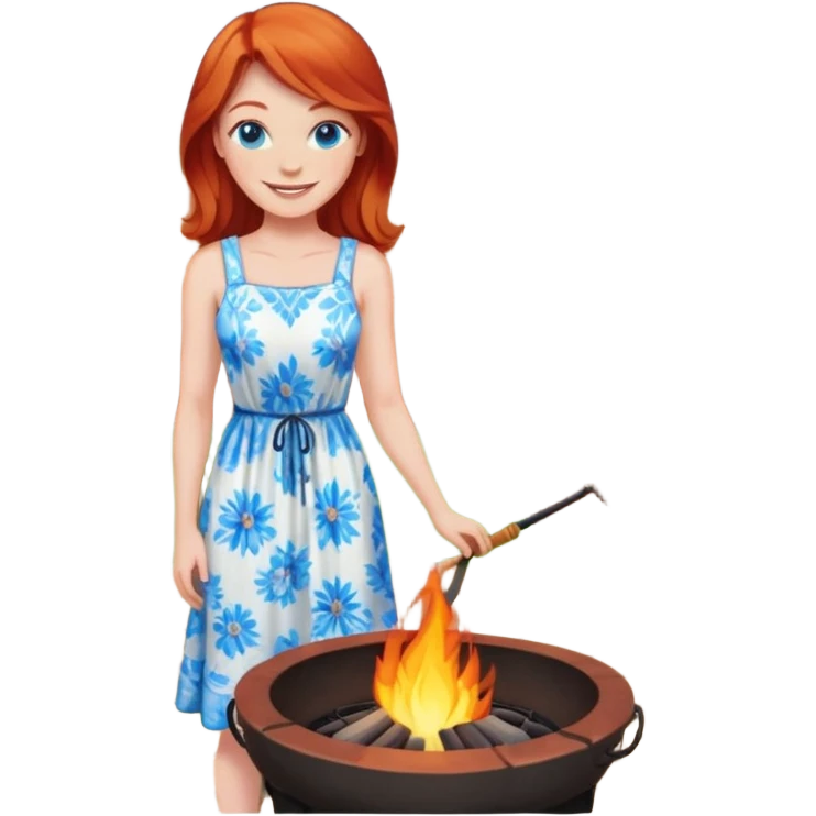 Happy Redhead woman with blue eyes beside fire pit in backyard emoji