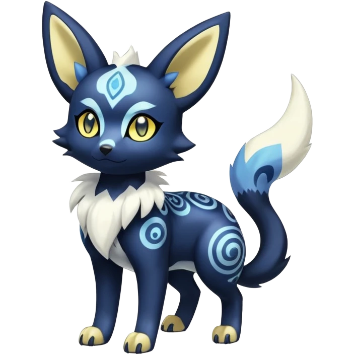 Shiny Exotic Colorful Excessive Mysterious Gothic Meowstic-Umbreon-Poochyena-Pokémon-Fakémon-hybrid-creature (full body) with pattern-markings with golden eyes emoji