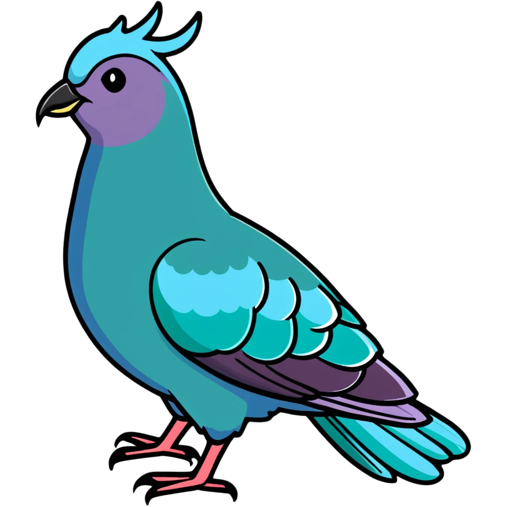 Nicobar pigeon with colorful iridescent feathers, long neck and distinctive white tail emoji
