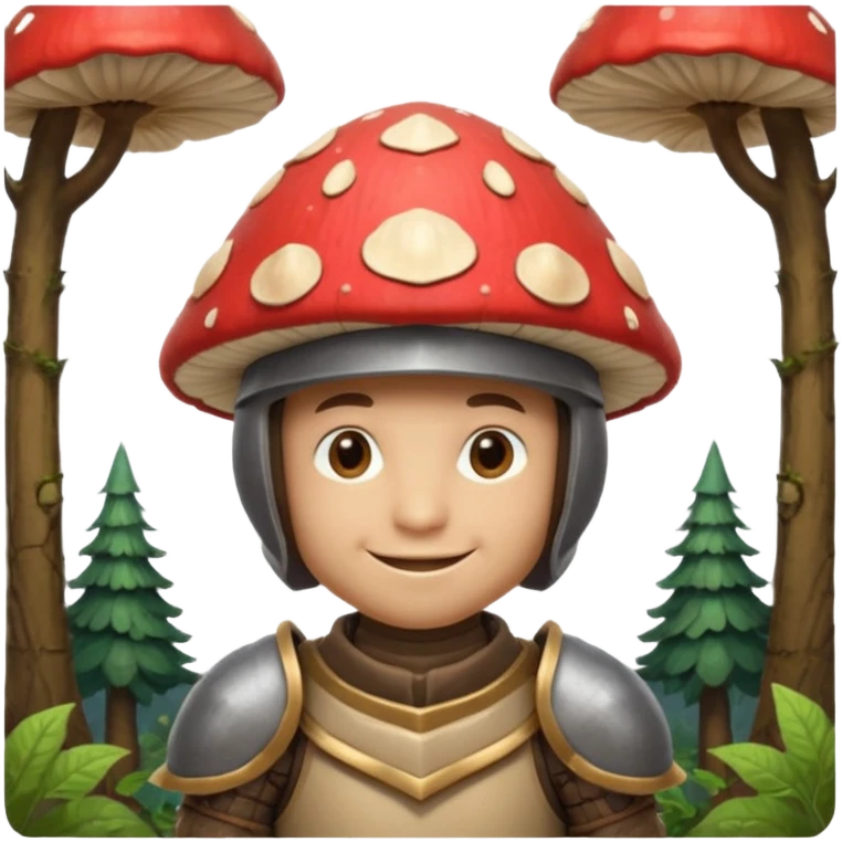 mushroom knight portrait, head and shoulders only, helmet made entirely of a large mushroom cap, textured mushroom surface, tiny fantasy armor collar, heroic smile, magical forest vibe, 3D cartoon, mobile game icon style, clean background, no text, no watermark
 
 emoji