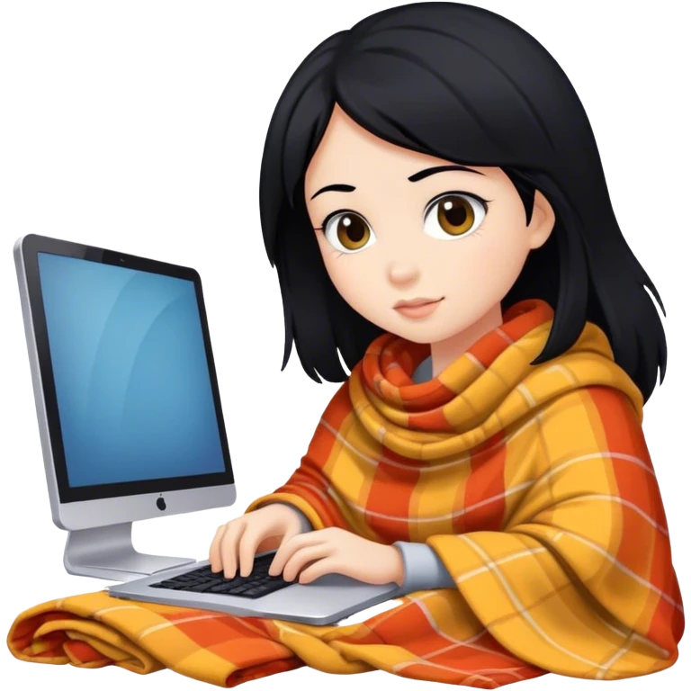Girl with black hair in a blanket working over a computer emoji