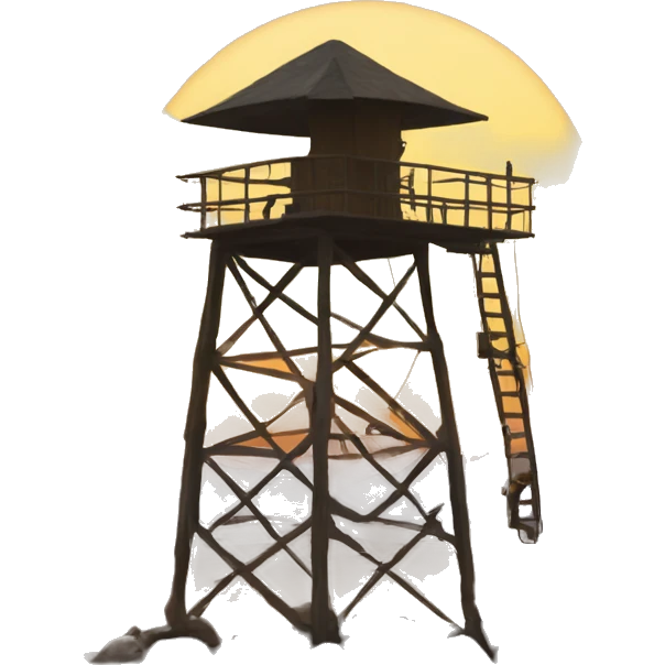 A watchtower at sunset, manned by a rifleman emoji