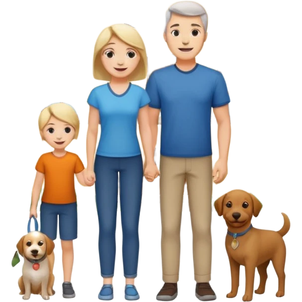 a mom and dad standing in front of a house with their son and a dog next to them (1 dog) and 1 SON not daughter emoji
