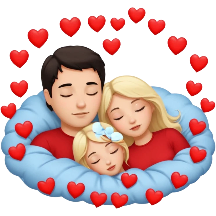 Sleeping romance couple. man has dark hair. woman is blonde. hearts surrounding them. no third person. emoji