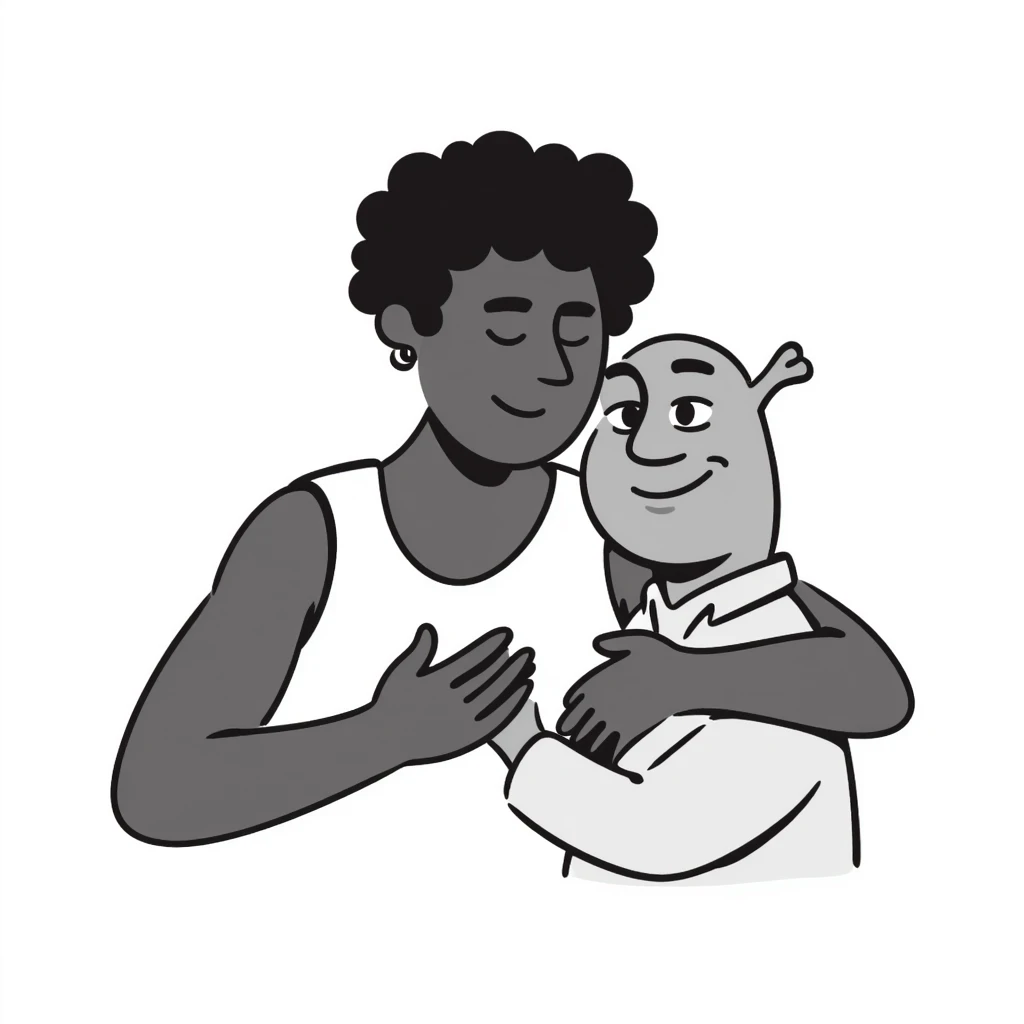 a black muscular man hugging Shrek, hand drawn doodle style emoji