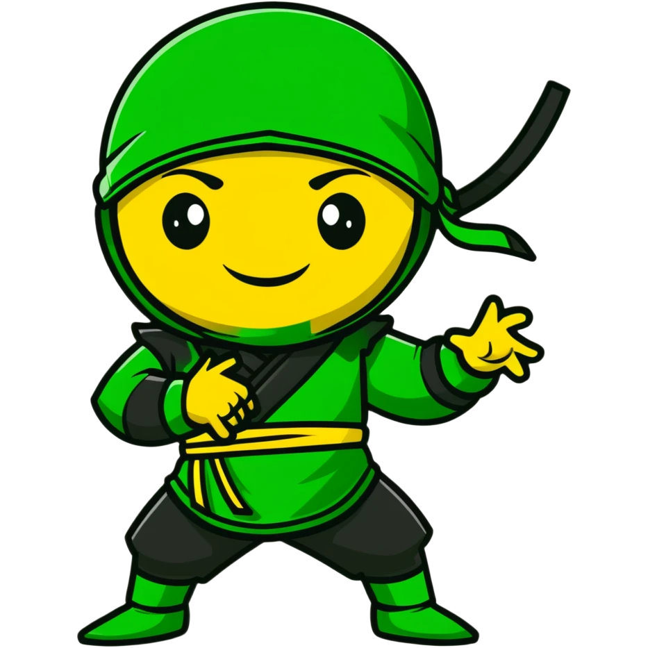 A confident ninja in yellow, green and black merged colors, smiling and saying "HI" emoji
