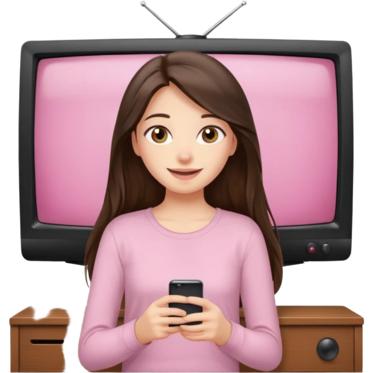happy long haired brunette girl hazel eyes in light pink watching tv emoji