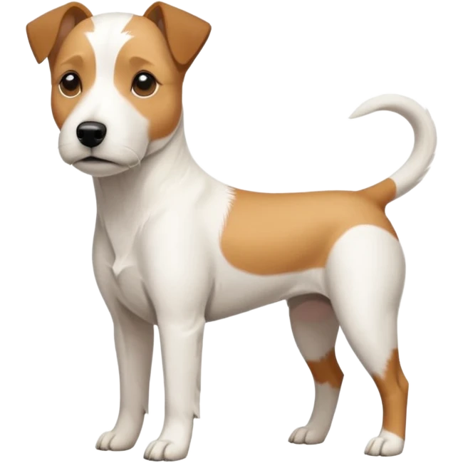 a full body facing front on of a buff white parson russell terrier looking dog the size of a kelpie with light brown long ears and a light brown patch on one eye and a large snout. the rest of the dog is completely white.  emoji