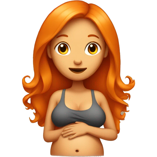Tan girl with long orange hair holding pregnant stomach emoji