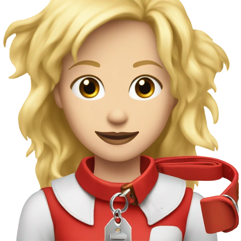 Put a Red leather dog collar and golden tag on a blond white human female with medium length hair and add a red leash connected to the collar emoji