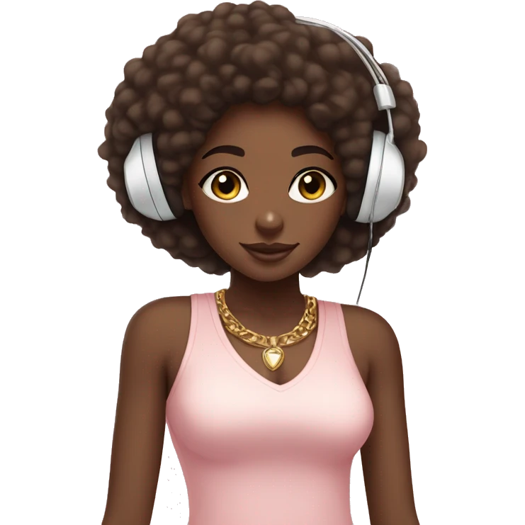 African girl. Afro. Wearing white headphones. Listening to music. Wearing a light pink v neck top. Gold Jewelry. Makeup. Blush. emoji