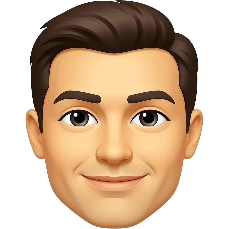 Emoji estilo WhatsApp com rosto amarelo clássico, expressão neutra com sobrancelhas muito bem marcadas, arqueadas e definidas, olhos semicerrados com leve atitude, boca com leve sorriso de confiança. emoji