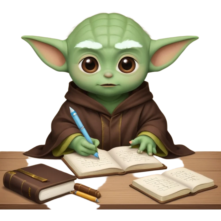 Baby Yoda con su tunica chocolate escribiendo en un cuaderno sobre un escritorio emoji