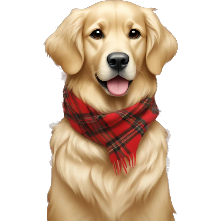 Cream color Golden retriever wearing a red plaid scarf emoji