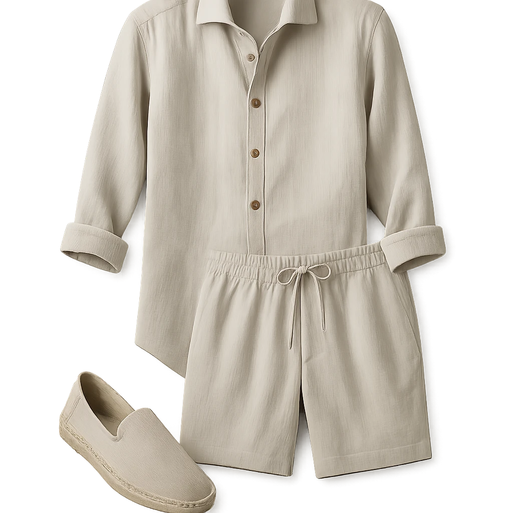 stylish European linen summer outfit, only the clothing, white background emoji