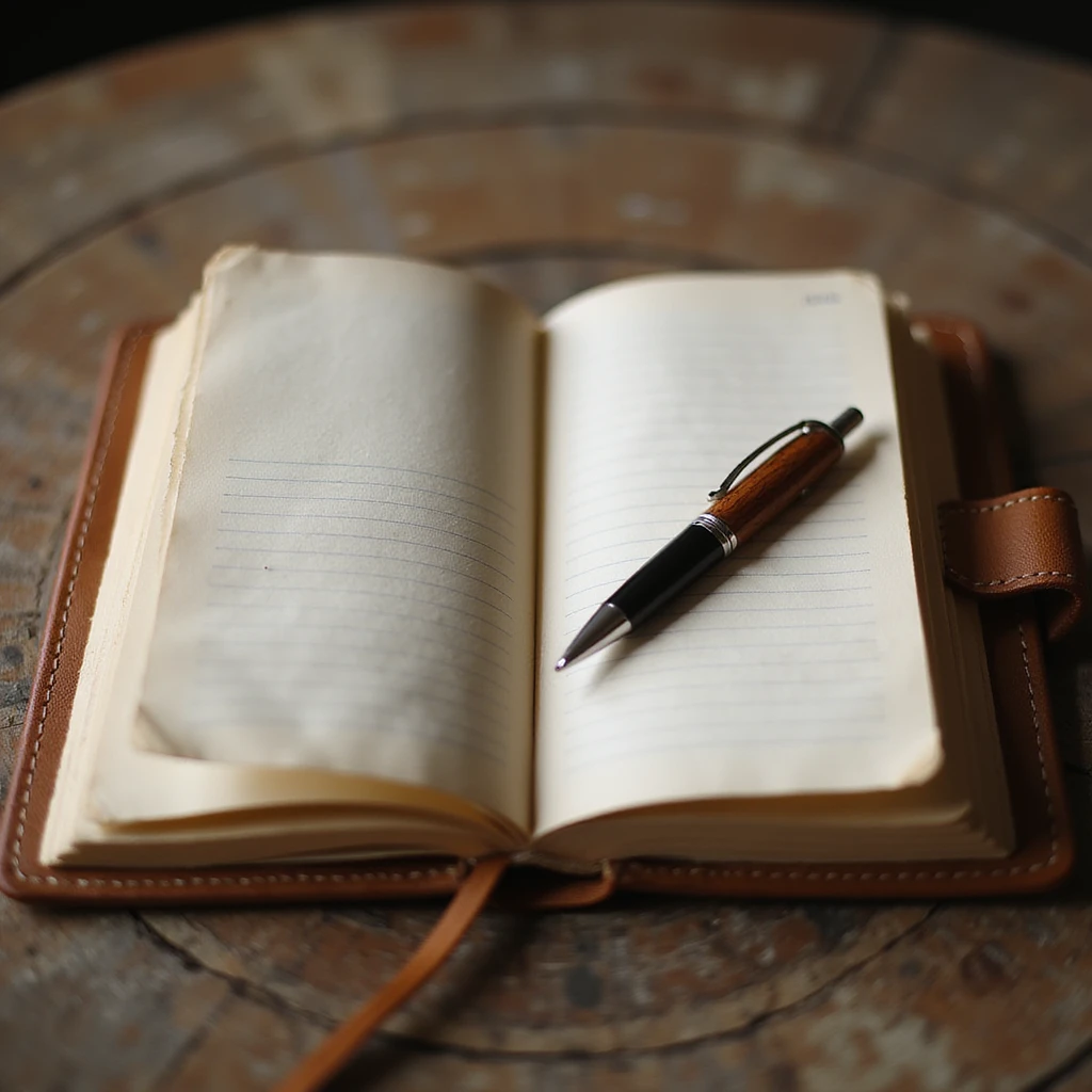 open leather notebook with lined pages, warm brown, pen resting on top emoji