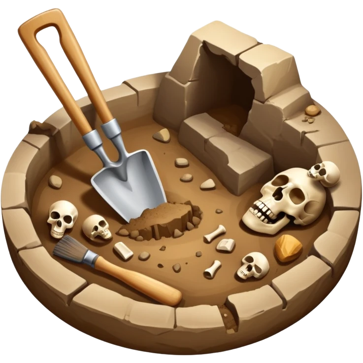 An icon featuring an excavation site with a trowel and ancient artifacts, like pottery and bones, scattered around. The design includes a partially uncovered fossil and a digging brush, symbolizing the discovery of history through archaeology. Transparent background  emoji