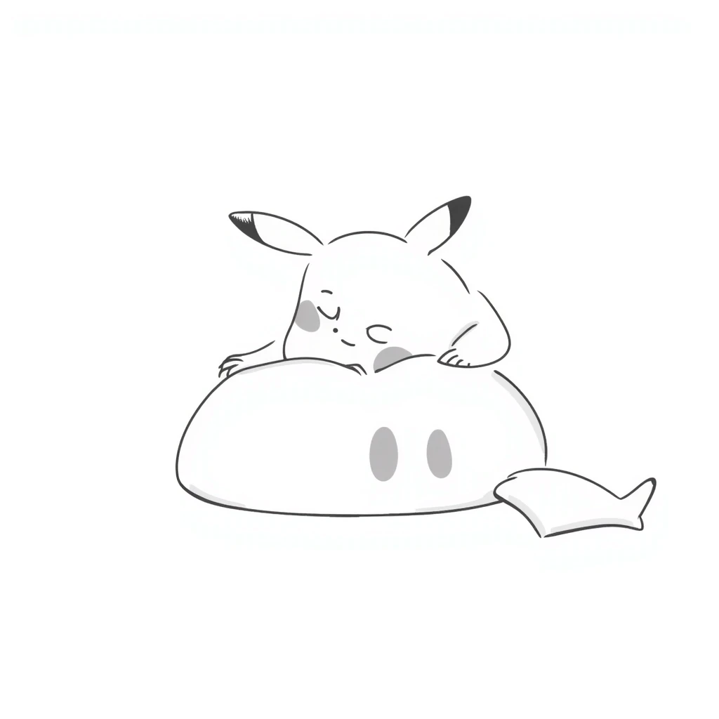 cute Pikachu Pokémon curled up and sleeping peacefully, doodle style emoji