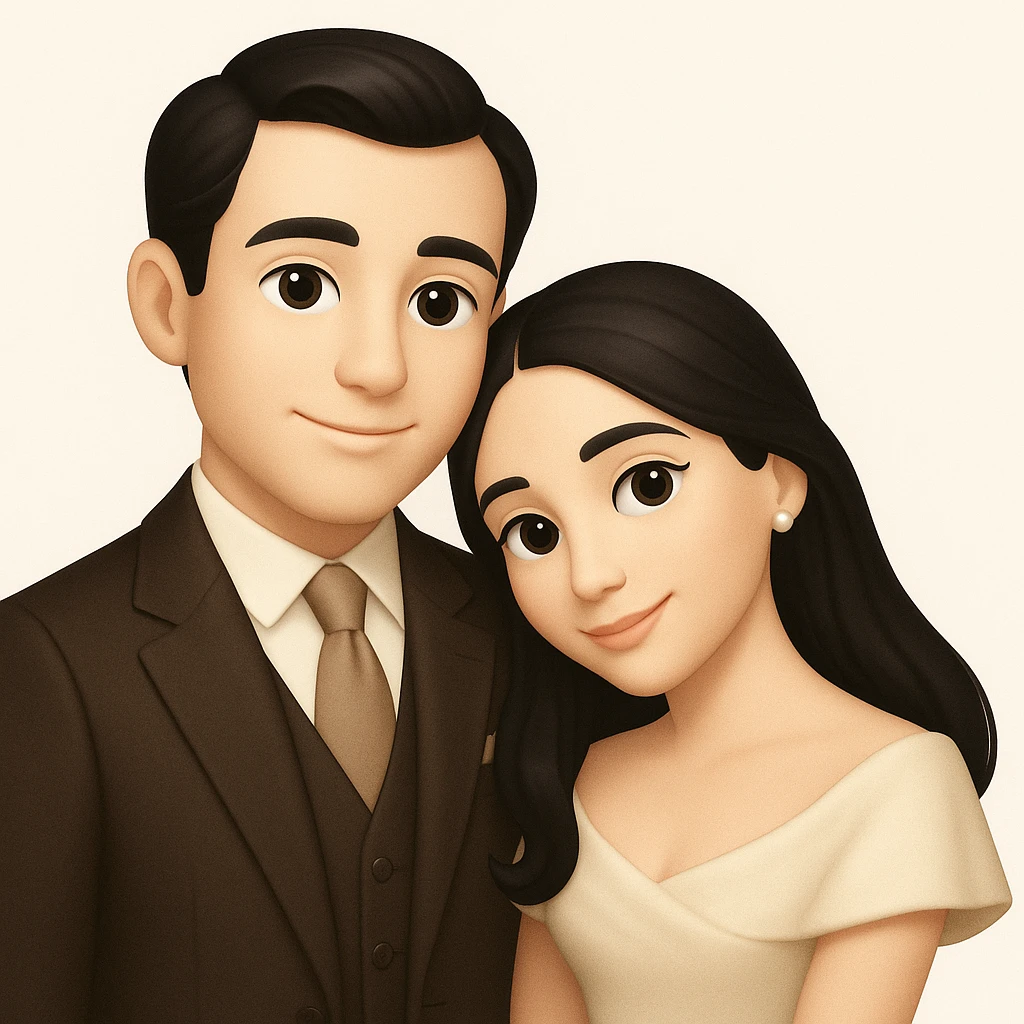 Create a gentle and romantic couple with black hair, styled in an old money fashion, posed similarly to the reference image which has a 3D emoji look that is soft and friendly. The style should evoke the feel of the 3D emoji style but adapted in a way that the general editor can interpret and maintain the soft and friendly vibe. emoji