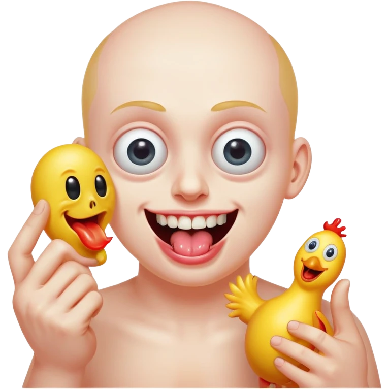 bulging eyes, unhinged grin with too many teeth, one eyeball twitching, tongue sticking out sideways, sweating, glitching slightly, throwing up a peace sign with one hand, other hand holding a cursed-looking rubber chicken emoji