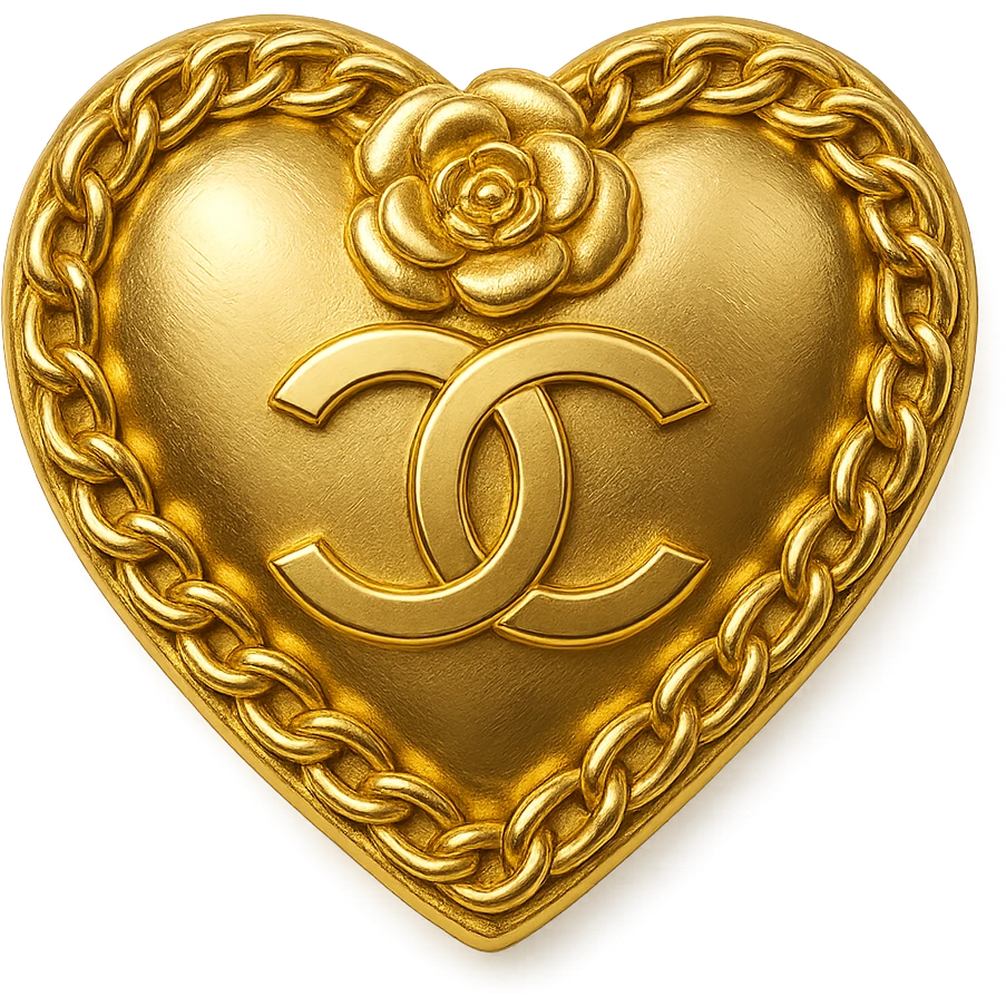 Chanel heart in metallic gold style with a camellia flower and a chain, classic Chanel emoji