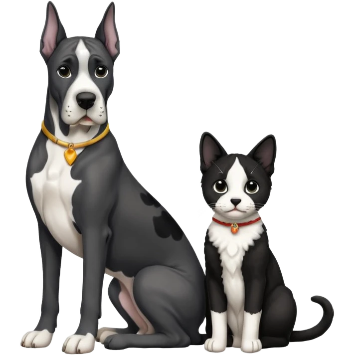 Adult Black and white great dane dog with cropped ears sitting with a small black and white cat emoji