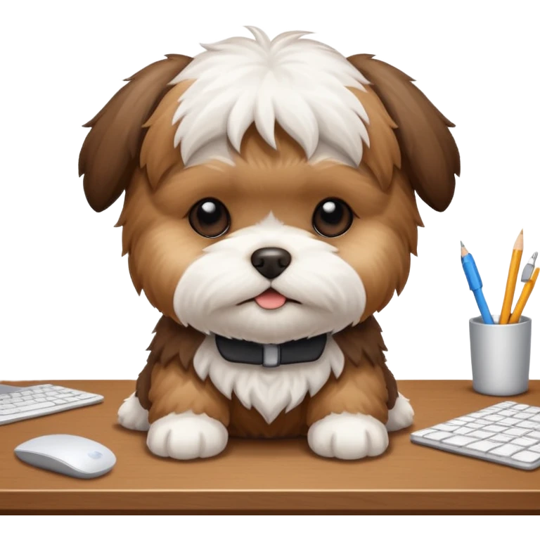 preciso de um cachorrinho da raça shitzu em cima de uma mesa de escritório emoji
