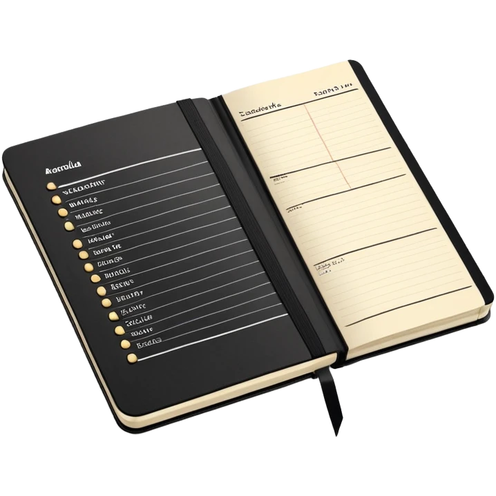 A detailed black Moleskine notebook open flat showing an agenda page with bullet points and a meeting schedule emoji