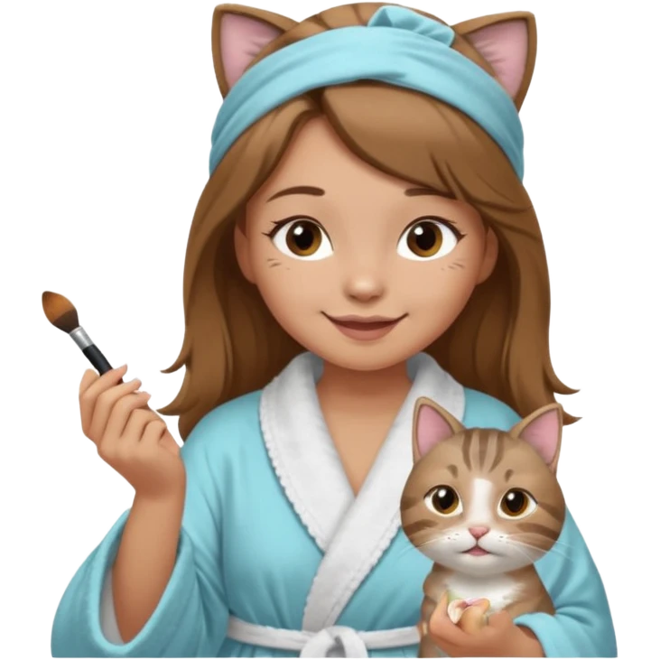 A image of a girl with light long brown hair wearing a bathrobe and headband doing her makeup with her chubby grey tabby cat. She is smiling emoji